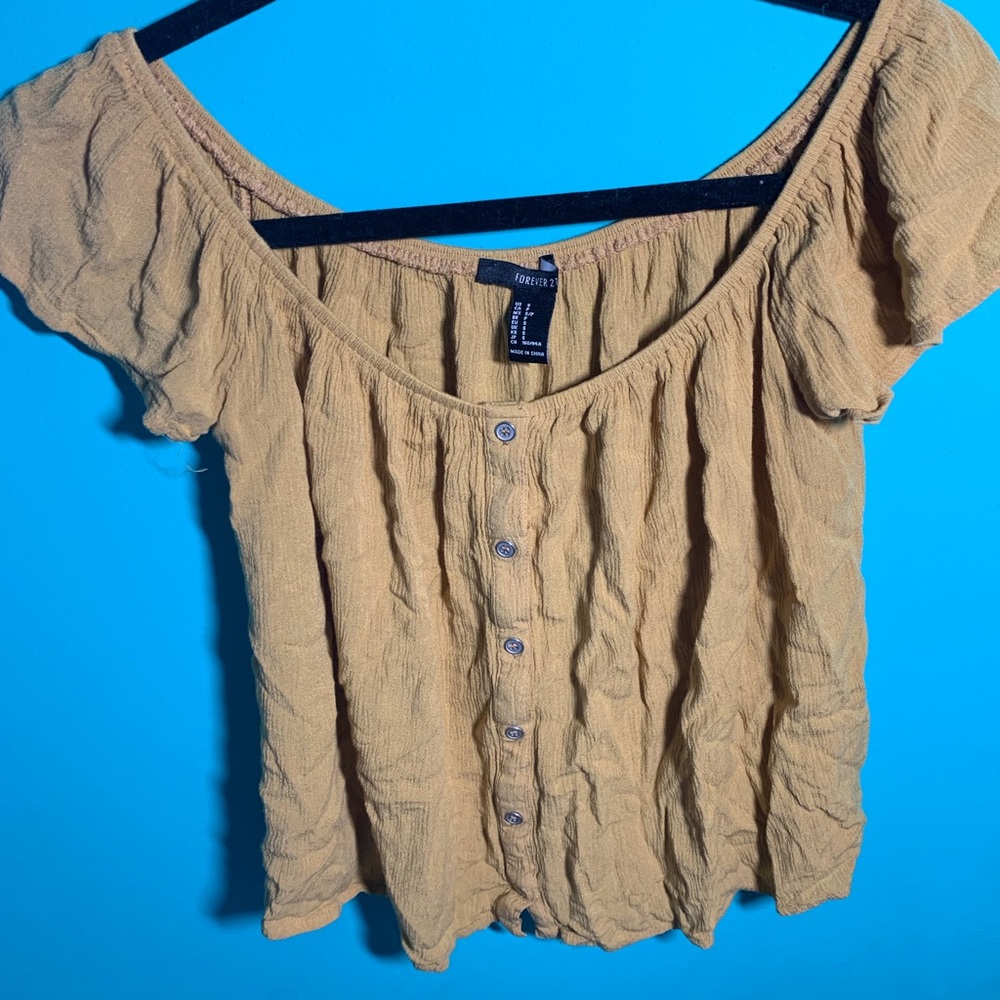 Mustard Off The Shoulder Button Up Top